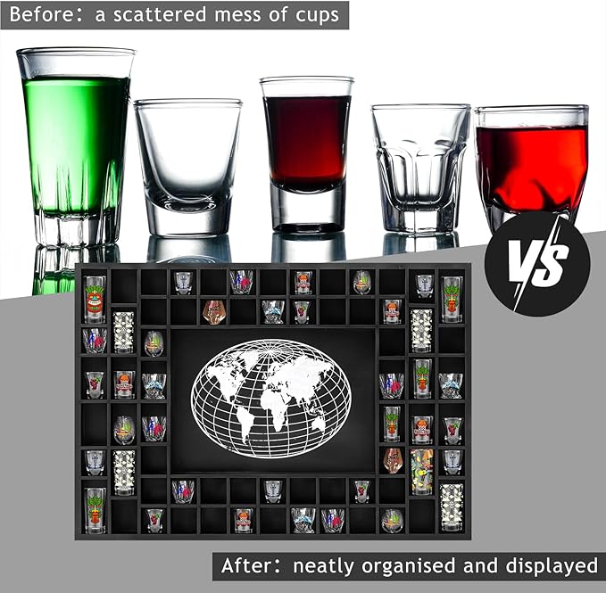 GlikCeil Large World Map 68 Slots Shot Glass Display Case 40 x 28'' Rustic Wood Shot Glass Holder for 7 Sizes Wineglass Bar Shelf Organizer Wall Mount Storage Shadow Cabinet Decor (Black)