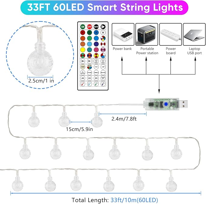 OMIKA Color Changing String Lights USB Powered, 33FT 60LED APP Control Fairy Lights with Remote, Indoor Globe String Lights, Music Sync for Girl Gift Bedroom Tent Wedding Christmas Tree