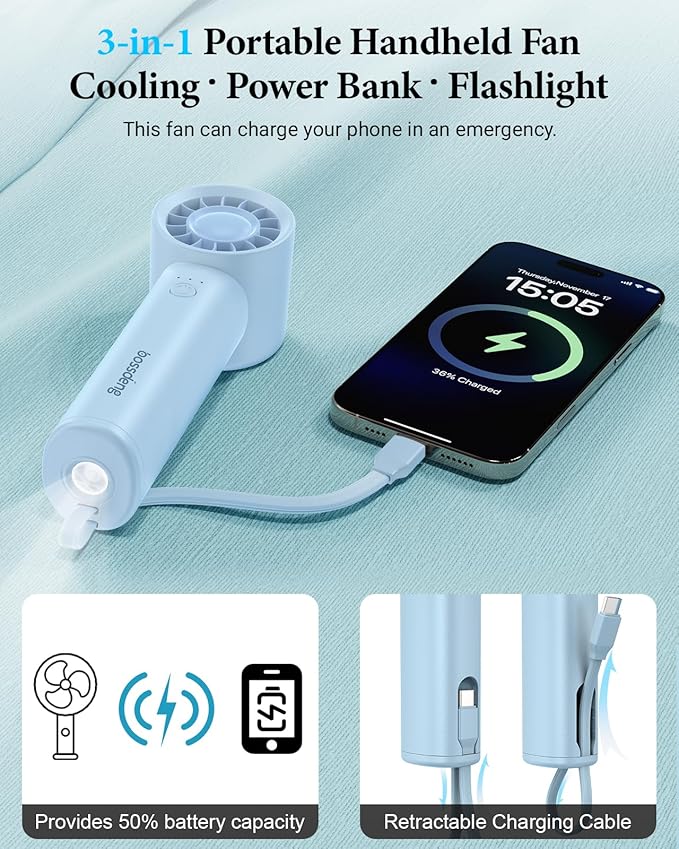 Portable Handheld Fan with Power Bank(High-Speed),3 IN 1 USB Rechargeable Mini Personal Fan with Flashlight,Small Size for Outdoor/Travel/Beach/Concerts/Summer.Gifts for Girl,Women.Blue