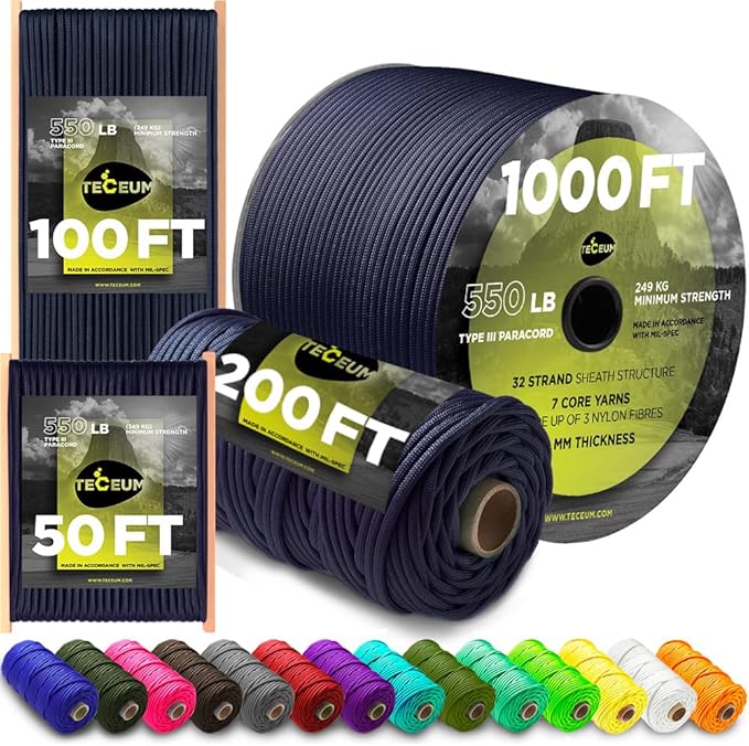 TECEUM 5/32" Paracord Rope 1000 – 1000ft / 200ft / 100ft / 50ft – Tactical Parachute Cord 4mm – 45+ Colors – Nylon String for Survival & Camping Gear – Stripe Cord for Survival – Utility Rope