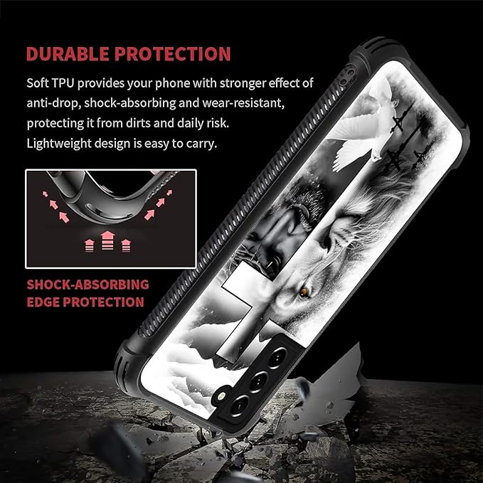 for Samsung Galaxy S21 Case, Lion Cross Jesus Christ Dove Pattern Graphic Design Girl Boy Soft Silicone Hard Acrylic Shock Protection for Samsung Galaxy S21