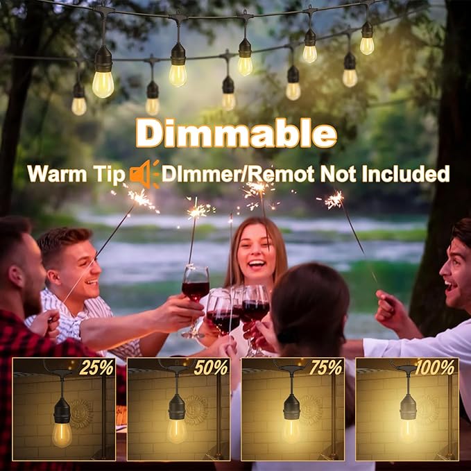 50FT LED Outdoor String Lights with 15+2 Shatterproof Bulbs, IP65 Waterproof, Commercial Grade Patio String Lights for Outside Porch Backyard Garden Deck Decor, 2700K Dimmable