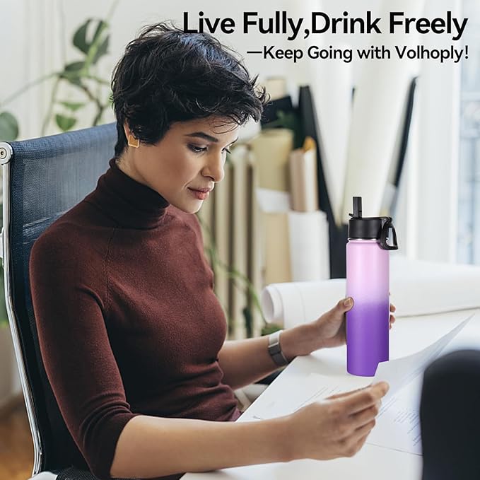 Volhoply 24 Ounce Insulated Water Bottle with Straw Lid,Stainless Steel Wide Mouth Sport Bottles with Handle,Double Wall Vacuum Cups Keep Cold,Reusable Travel Thermal Cups For Holder(Lavender,1)