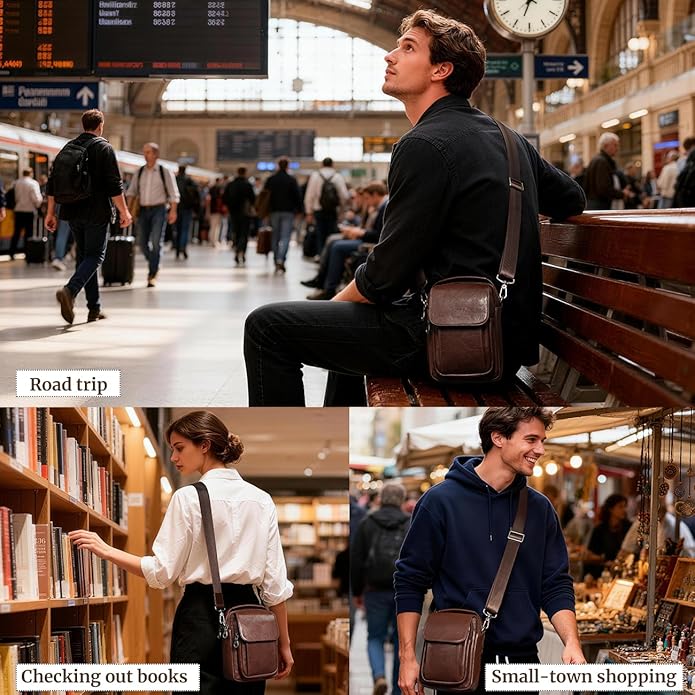 Augus Leather Small Messenger Bag For Men Crossbody Handbag Shoulder Sling Travel Bags for Men Purse Daypack Magnetic Buckle