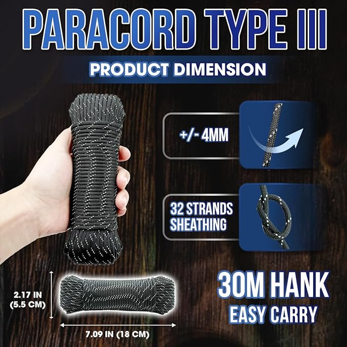 High Tensile Paracord Type III Parachute Cord Reflective Paracord Rope Tactical Paracord for Camping, Survival, Gear Repair & DIY, Black with Tracer