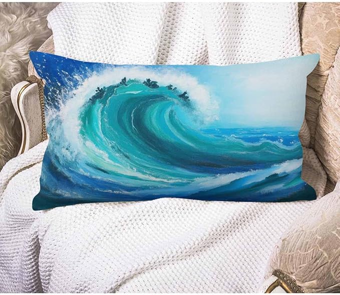 EKOBLA Sea Wave Lumber Pillow Cases Watercolor Painting Ocean Storm Landscape Linen Lumber Decorative Throw Cushion Cover Pillowcases for Bed Sofa Oblong Rectangle 12x20 Inches