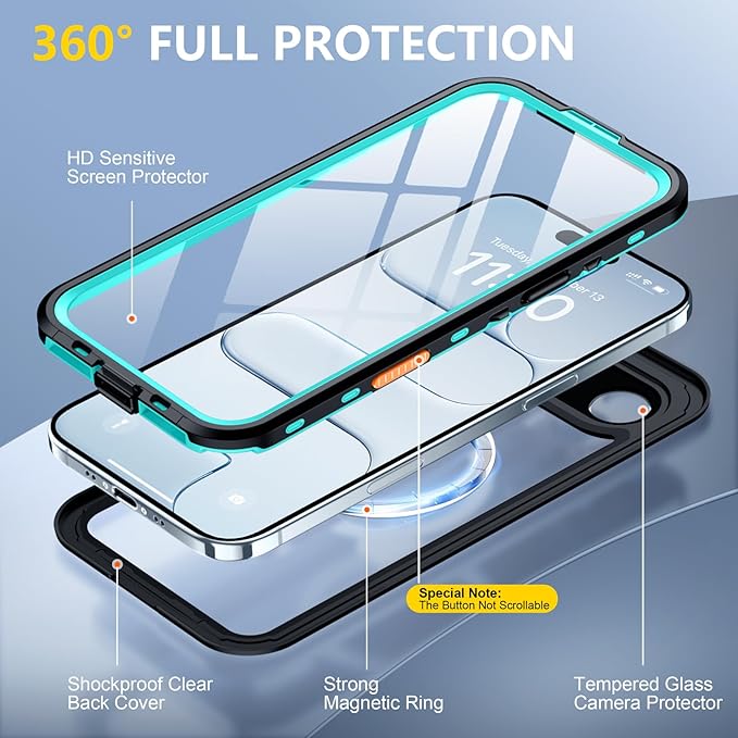 Red2Fire for iPhone Air Case Waterproof, [Built-in Screen Protector & Camera Protector][Compatible with MagSafe][Full Body Shockproof][IP68 Waterproof][Dustproof] Phone Case 6.5" Blue/Clear