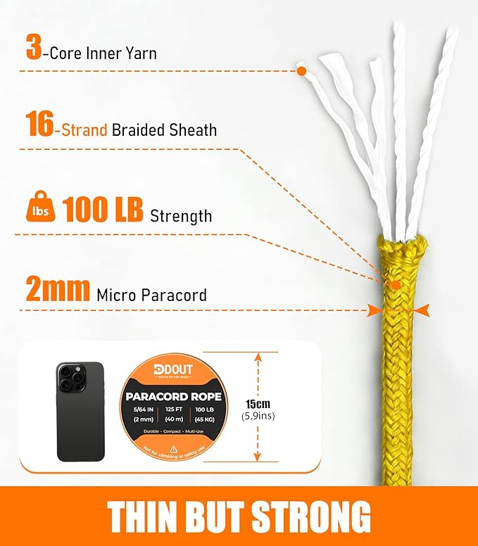 DDOUT 2mm Paracord 100lb, Thin Micro Paracord Rope, Yellow 125FT Nylon Cord for Crafting, DIY Projects, Fishing, Camping & Outdoor