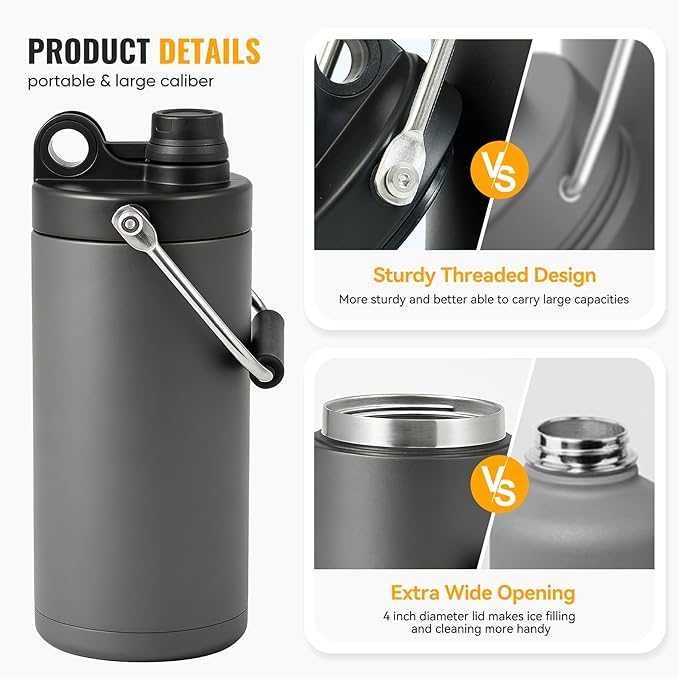 Kerilyn Insulated Half Gallon Jug with Handle, 64oz Stainless Steel, Large Double Vacuum Water Bottle for Hot & Cold Drinks, Wide Mouth, Sweat Proof, Great for Travel, Camping, Grey