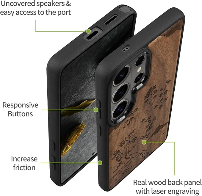 Carveit Magnetic Wooden Case for Samsung Galaxy S26 Ultra Case 2026, TPU Shockproof Cover & Wood Artisan Engraved, Compatible with MagSafe Wireless Chargers (Cherry Blossom with Mount Fuji) Walnut