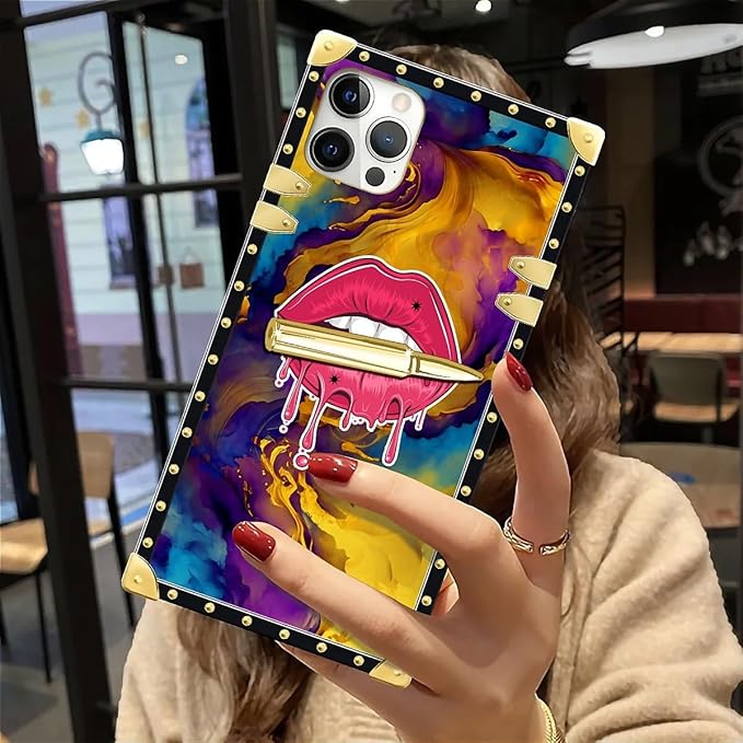 Compatible with iPhone 12 12 Pro Case, Cool Corlorful Lip Marble Luxury Golden Decoration for Girl Women Soft TPU Shockproof Protective Hard PC Back for iPhone 12 12 Pro