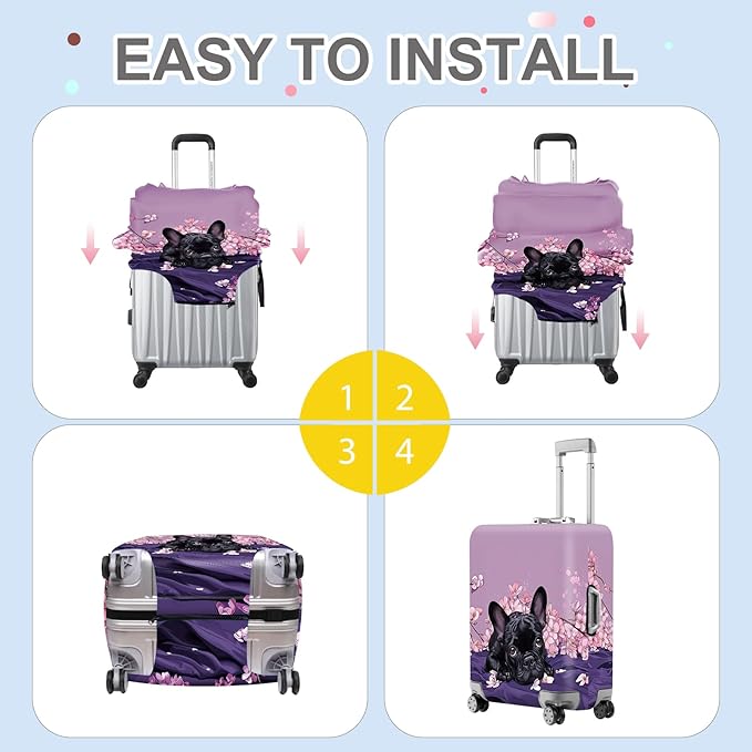 ANNA QUEEN French Bulldog Luggage Cover, Cute Black Dog with Pink Flowers Suitcase Protector, Stretchable Washable Travel Sleeve for 24-26 Inch Luggage