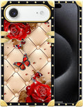 for iPhone 17 Air Case Luxury Golden Decoration for Girl Women Soft TPU Shockproof Protective Hard PC Back for iPhone 17 Air Crazy Pattern Shining Red Rose Butterfly Leather Background