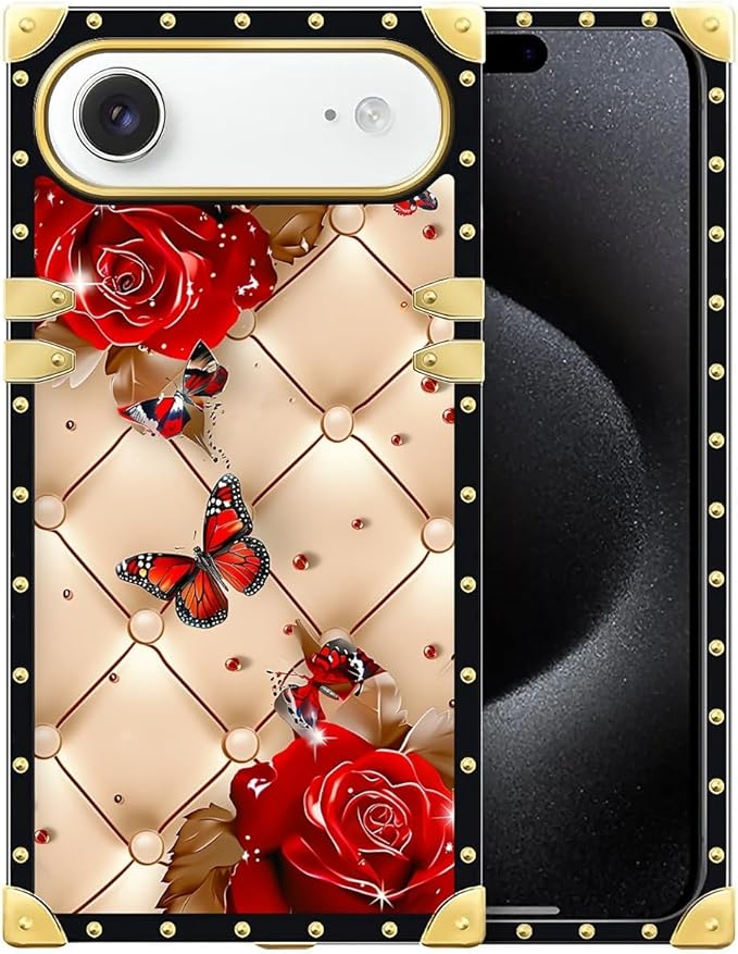 for iPhone 17 Air Case Luxury Golden Decoration for Girl Women Soft TPU Shockproof Protective Hard PC Back for iPhone 17 Air Crazy Pattern Shining Red Rose Butterfly Leather Background