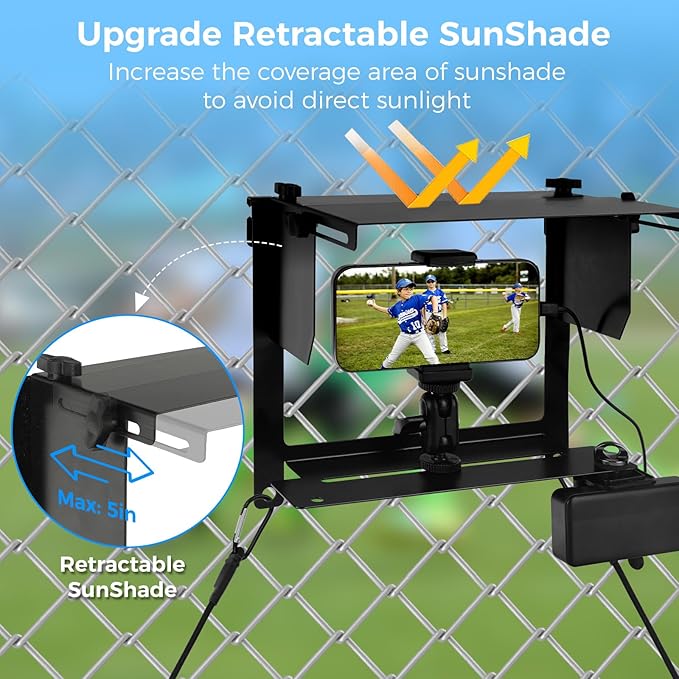 Game Changer Fence Mounting Kit - Phone Fence Mount Holder for Baseball - Fence Mount for Mevo with Adjustable Shade and Power Bank Clip for iPhone, Samsung, GoPro and Other Action Cameras