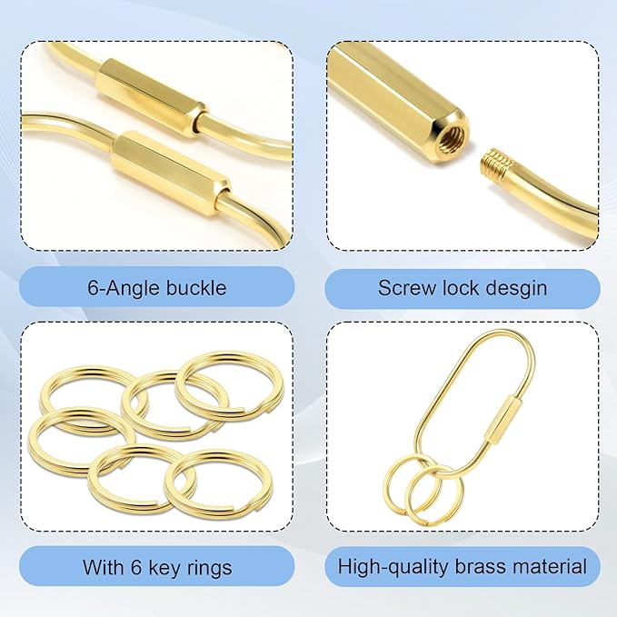 CooBigo 3 Pack Gold Brass Key Ring, Screw Lock Key Organizer with 6 Keyrings, Carabiner Keychain Clip for Car Keys Purse Bag Charms Luggage Tags Accessories