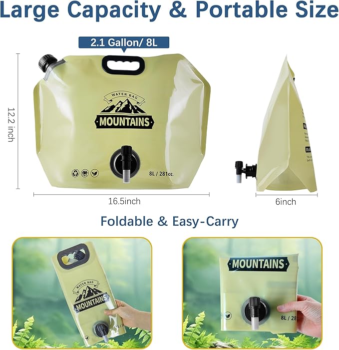 Water Jug Camping 2.1 Gallon Collapsible with Spigot, BPA Free Portable Water Pouch Foldable Water Bags for Outdoor Hiking, Travel and Emergency & Water Storage Containers (Beige-2Pcs)