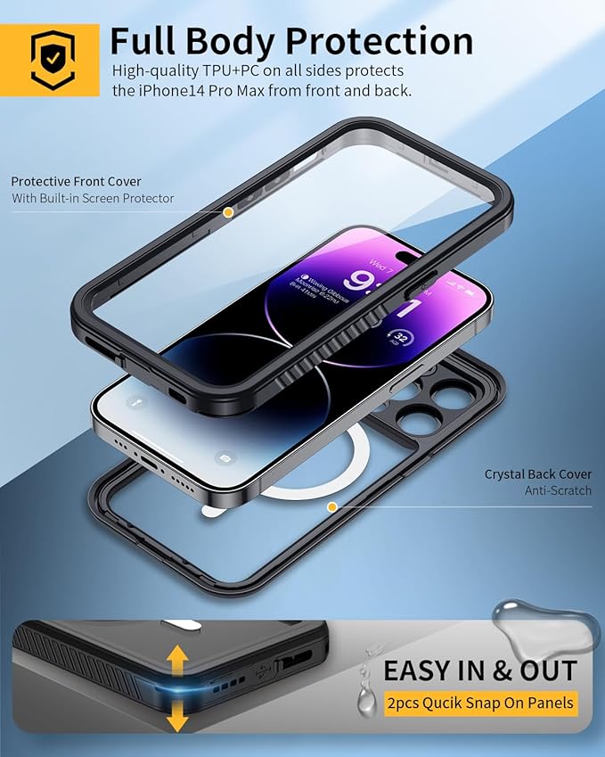 Lanhiem for iPhone 14 Pro Magnetic Case, Waterproof Dustproof Shockproof Case with Built-in Screen Protector Compatible with Magsafe, Full Body Protective Cover for iPhone 14 Pro 6.1 inch -Black