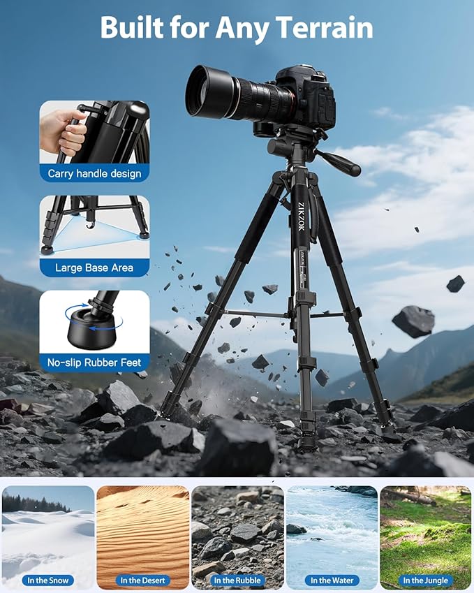 75" Camera Tripod, Aluminum Heavy Duty Camera Stand for ipad Phone, Travel Tripod with/Carry Bag/Phone Tablet Holder, Compatible with Canon Nikon Sony DSLR, Spotting Scopes, Max Load 15 Lb(Black)