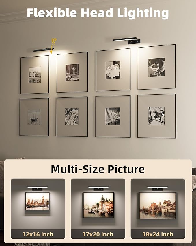 EZVALO Picture Light for Wall, 16'' Black Rechargeable 4800mAh Battery Lights Wireless Remote, Dimmable Magnetic LED Art Painting Light with 3 Color Temperatures, Display for Gallery, Living Room(2P)