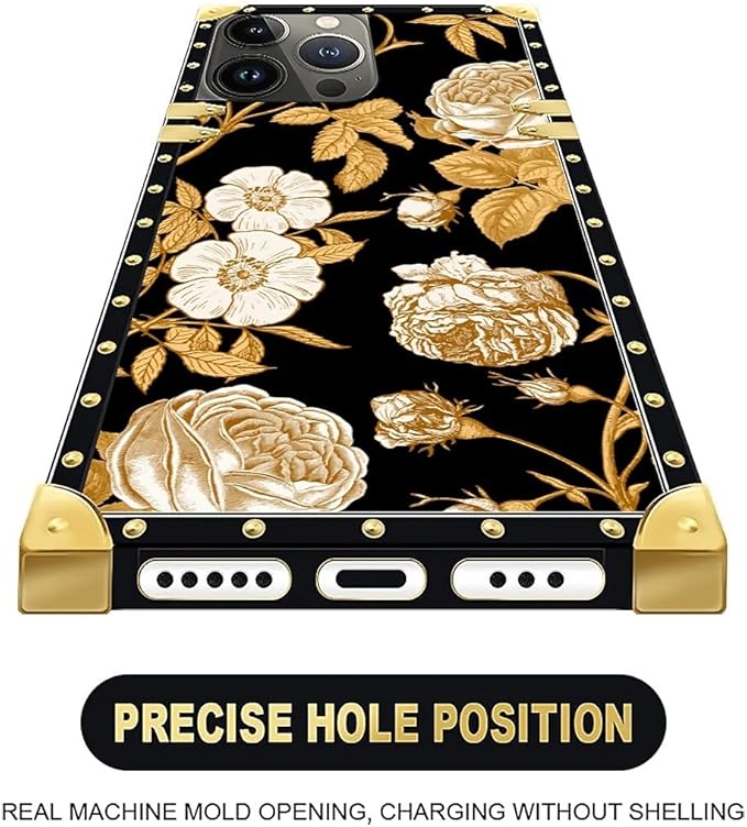 Compatible with iPhone 16 Pro Max Case, Blooming Rose Golden Flower Luxury Golden Decoration for Girl Women Soft TPU Shockproof Protective Hard PC Back for iPhone 16 Pro Max