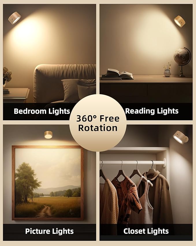 LED Wall Mounted Lights, Rechargeable Wall Sconce Lamps, 3 Color Temps & Remote and Touch, 360° Rotation Dimmable Cordless Wall Light for Study Bedroom Reading Bedside (Wood, 1 Pack)