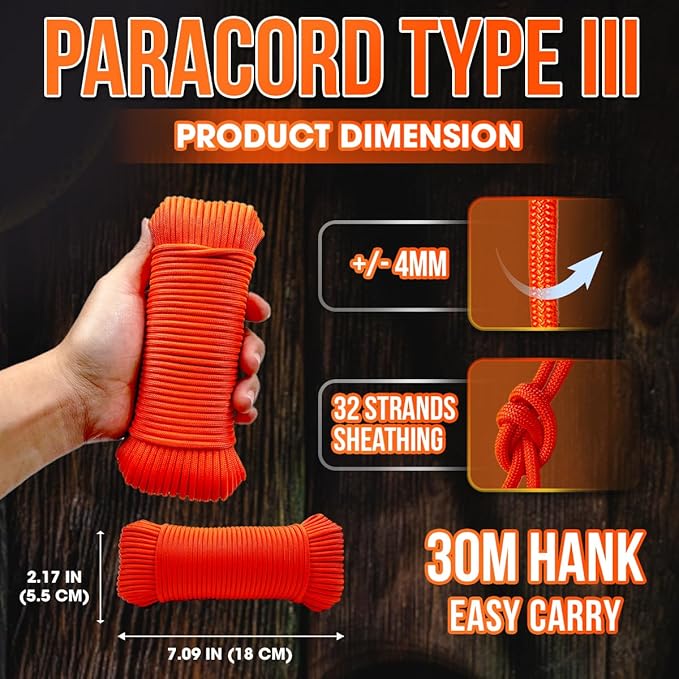 High Tensile Paracord Type III Parachute Cord Reflective Paracord Rope Tactical Paracord for Camping, Survival, Gear Repair & DIY (Orange, 98 Ft)