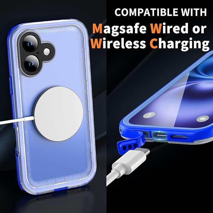 Cozycase for iPhone 16 Case Waterproof - 360 Heavy Duty with Screen/Camera Protector Shockproof IP68 Underwater Dustproof Water Dust Shock Proof Full Body/Front and Back Case Blue/Frosted Clear