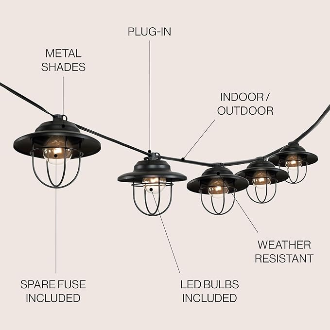JONATHAN Y 10' Black 10-Light Rustic Farmhouse LED String Lights for Patio, Metal Cage Shade, Weatherproof Connectable Outdoor Hanging Lights, UL Listed JYL8703A