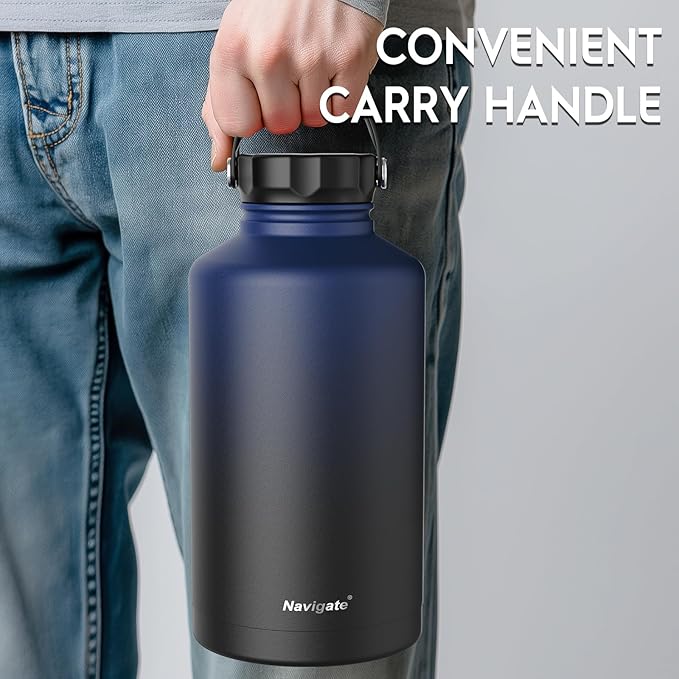 Navigate 64 oz Stainless Steel Insulated Water Bottle,Double Walled Leak Proof Keep Cold for 24 Hrs Hot for 12 Hrs,Wide Mouth Water Jug with Spout & Handle Lids,Blue to Black