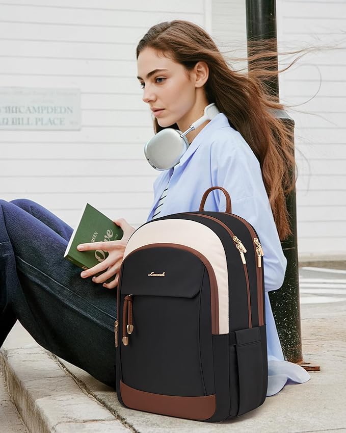 LOVEVOOK Laptop Backpack for Women, 15.6 inch Waterproof College Backpack Woman with Laptop Compartment Computer Bag Travel Backpack Purse, Large Black Computer Daypack for Work Casual