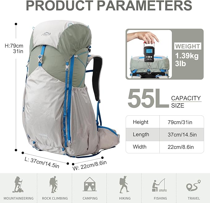 IX INOXTO 55L Internal Frame Waterproof Hiking Camping Backpack with 3L Water Bladder and Rain Cover, Large Lightweight Travel Daypack Rucksack for Climbing (Light Gray)