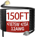 150 FT 12 Gauge Extension Cord Outdoor, Heavy Duty Weatherproof & Flame Retardant Black 3 Prong Power Cord with Light, Outside for Lawn & Garden, 15 Amps 1875 Watts 125 VAC 12AWG SJTW, ETL Listed