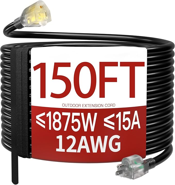 150 FT 12 Gauge Extension Cord Outdoor, Heavy Duty Weatherproof & Flame Retardant Black 3 Prong Power Cord with Light, Outside for Lawn & Garden, 15 Amps 1875 Watts 125 VAC 12AWG SJTW, ETL Listed