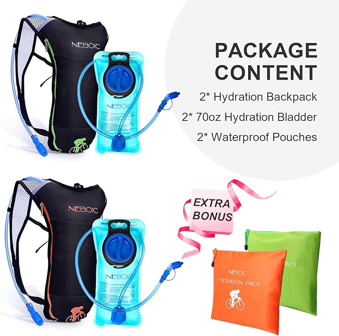 Neboic 2Pack Hydration Backpack Pack with 2L Hydration Bladder - Lightweight Water Backpack Keeps Water Cool up to 4 Hours with Big Storage for Kids Women Men Hiking Cycling Camping Music Festival
