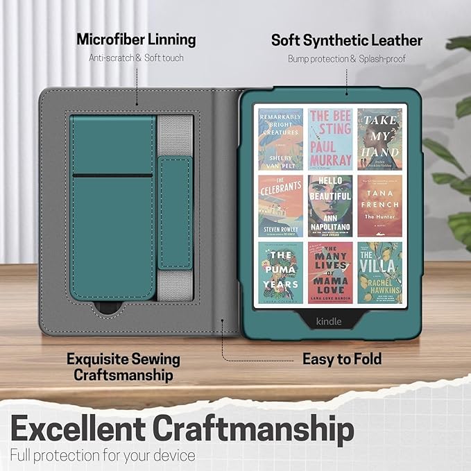 TNP Stand Case for Kindle Paperwhite 12th Generation 2024 / Kindle Colorsoft Signature Edition with Hand Strap & Card Slot - 7" PU Leather Protective Folio Cover with Auto Wake/Sleep, Dark Green