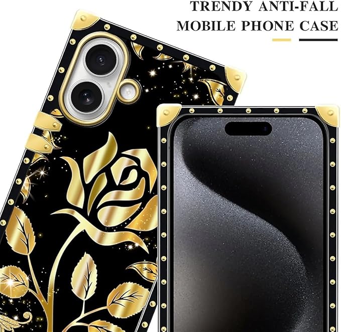 for iPhone 17 Case Luxury Golden Decoration for Girl Women Soft TPU Shockproof Protective Hard PC Back for iPhone 17 Crazy Pattern Shine Gold Rose