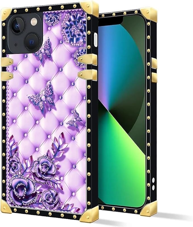Compatible with iPhone 13 Case, Purple Butterfly Flowers Leaf Luxury Golden Decoration for Girl Women Soft TPU Shockproof Protective Hard PC Back for iPhone 13
