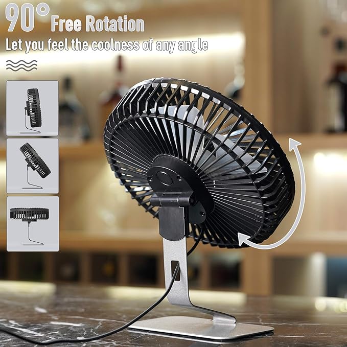 SLENPET 6 inch USB Small Desk Fan, 4 Speeds, Ultra-quiet, 90° Adjustment for Better Cooling, Portable Mini Powerful Desktop Table Fan, Mini Personal Fan for Home Office, Metal Base, Silver