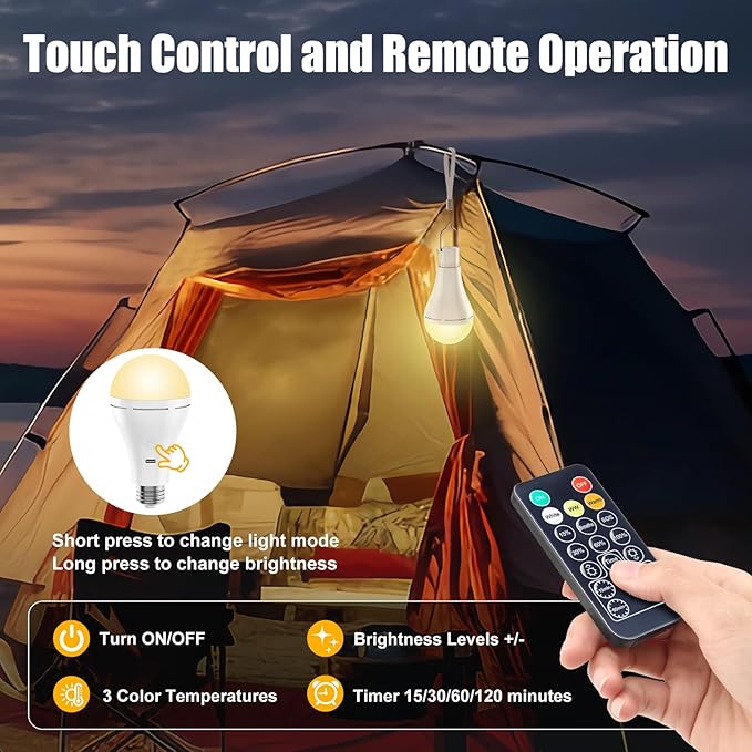 Brightown E26 Rechargeable Light Bulb with Remote and Timer, Battery Backup Bulb for Sconces and Lamps, Hanging LED Light Bulb with Hook for Camping Tent, Dimmable, 3 Color Temperatures, 2 Pack
