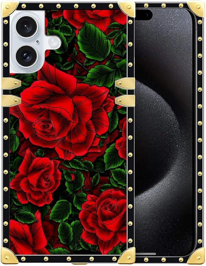 Compatible with iPhone 16 Case, Vector Red Rose Green Leaf Luxury Golden Decoration for Girl Women Soft TPU Shockproof Protective Hard PC Back