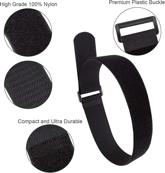 1.5 x 24 Inch Hook and Loop Cable Tie, 12 Pack Heavy Duty Adjustable Fastening Adhesive Cinch Strap with Plastic D-ring Buckle, Multi-Purpose Reusable Cord Organizer by Cacturism