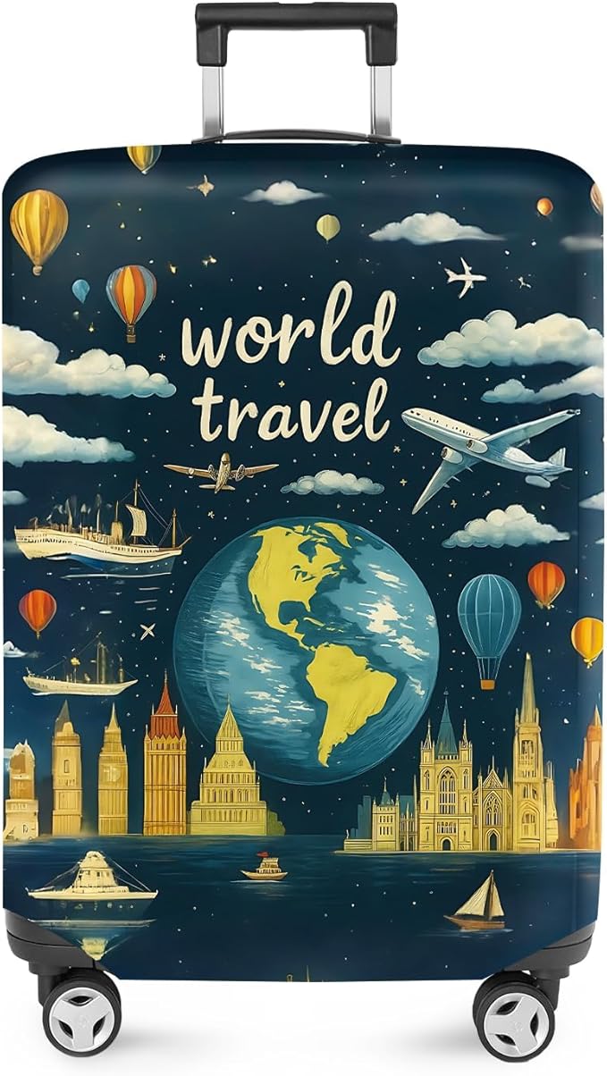 ANNA QUEEN World Travel Luggage Cover, Adventure Theme Suitcase Protector, Stretchable Washable Cover for 20-22 Inch Luggage
