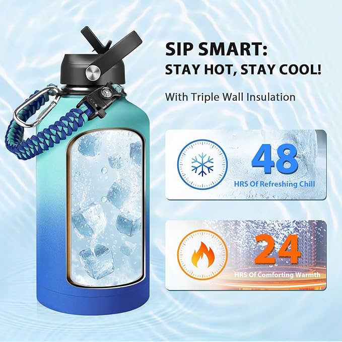 One Gallon Insulated Water Bottle, Triple Wall 128 oz Stainless Steel Wide Mouth Water Bottles (Cold for 48 Hrs), Leak Proof, Non-BPA, Large Water Flask Jug with Paracord Handle & Straw Spout Lids