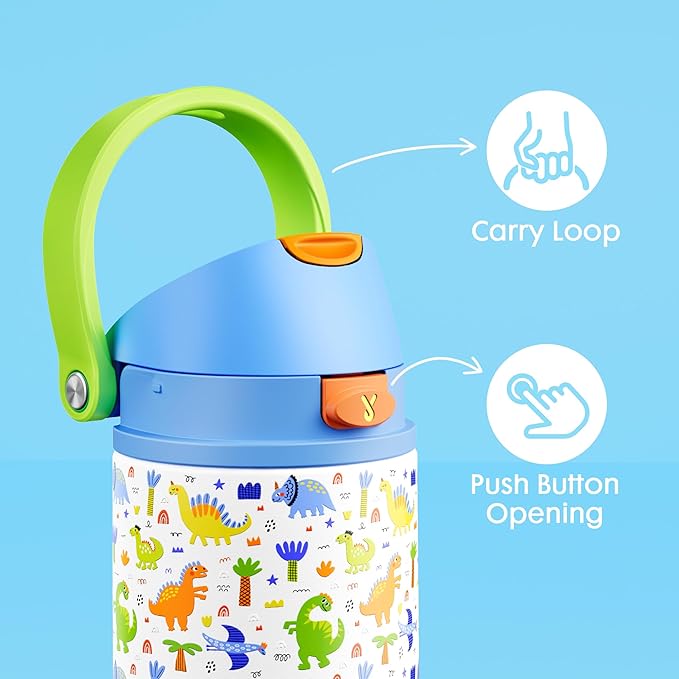 18 oz Insulated Water Bottle for Sports: Meoky Stainless Steel Kids Water Bottle with 2-in-1 Straw and Spout Lid - Leak Proof, Fits in Car Cup Holder, BPA-Free for School Gym Travel, Dinosaur Party