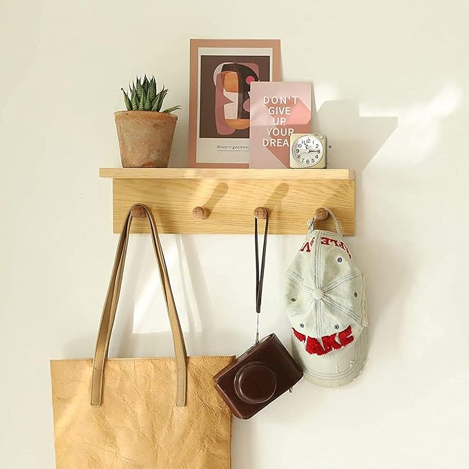 Entrance Coat Rack ，Coat Hooks, Wall-Mounted Wooden Hook Rack, Wall-Mounted Shelves(Oak Colored Finish—A-1)