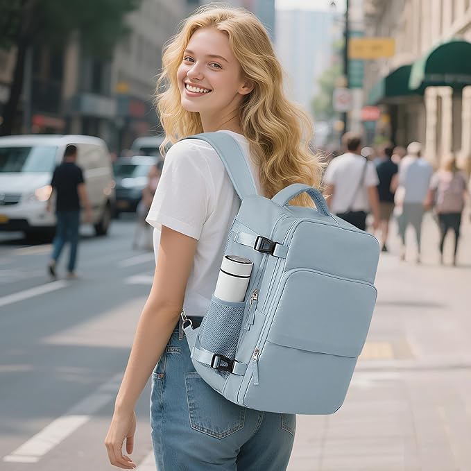 Sinaliy Travel Backpack, Carry on Flight Approved Backpack with Multi-Pockets, TSA Waterproof 17.3inch Laptop Backpack, Personal Item Travel Bag for Men Women, Light Blue