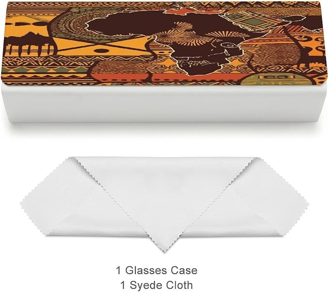 African Map Ethnic Pattern Eyeglass Case Spectacle Case Slim PU Leather Eyeglass Case for Men Women Lightweight Protective Eyewear Storage with Cleaning Cloth