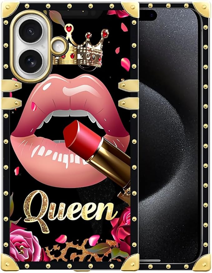for iPhone 17 Case Luxury Golden Decoration for Girl Women Soft TPU Shockproof Protective Hard PC Back for iPhone 17 Crazy Pattern Glitter Red Rose Queen Leopard Lipstick