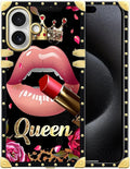 for iPhone 17 Case Luxury Golden Decoration for Girl Women Soft TPU Shockproof Protective Hard PC Back for iPhone 17 Crazy Pattern Glitter Red Rose Queen Leopard Lipstick